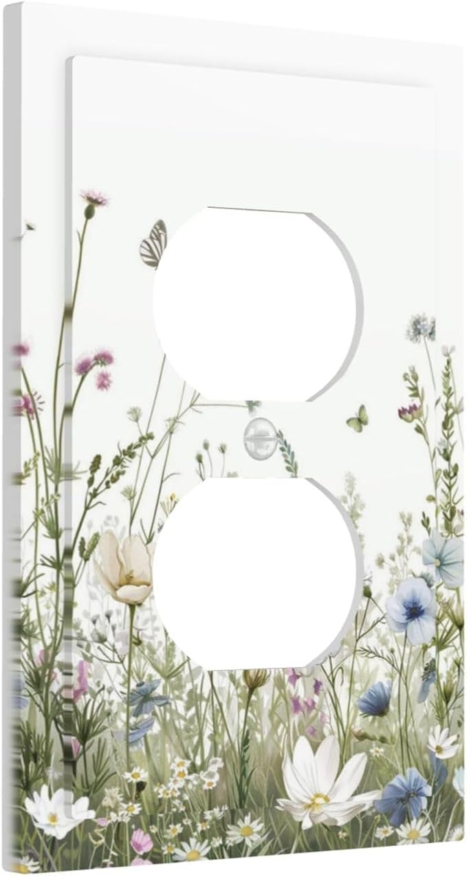 Colorful Wildflowers Daisy Plant Butterfly Floral Outlet Covers 1 Gang Duplex Light Switch Cover Decorative Switch Plates Electrical Receptacle Faceplate Wall Plate for Bed Room Living Room Decor