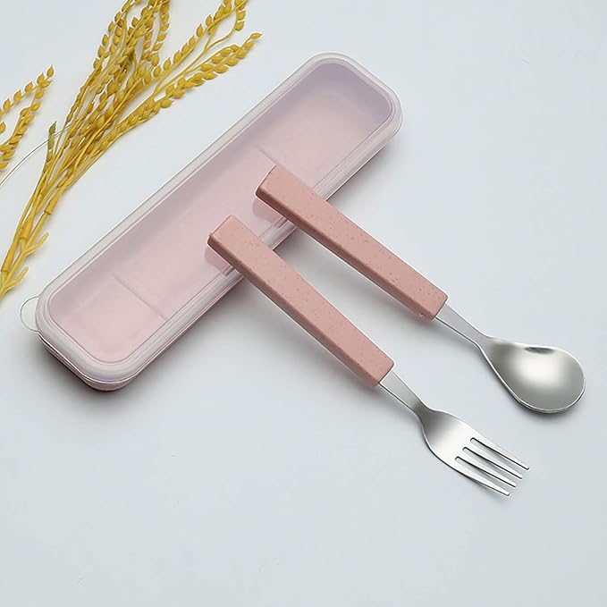 VANRA 2-Piece Children Flatware Set 18/10 Stainless Steel Child Tableware Set Silver Cutlery Set Silverware Dinner Utensils Spoon Fork Set with Travel Case for Kids (Chrome Finished) (Pink)