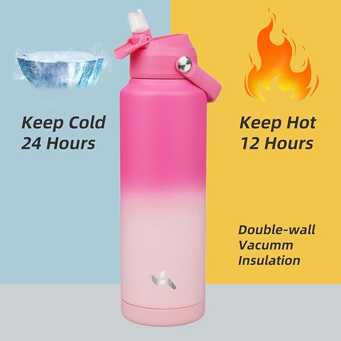Konokyo Insulated Water Bottle with Straw Lid,40 oz Stainless Steel Vacuum Metal Bottle with Silicone Handle,Cherry Blossom