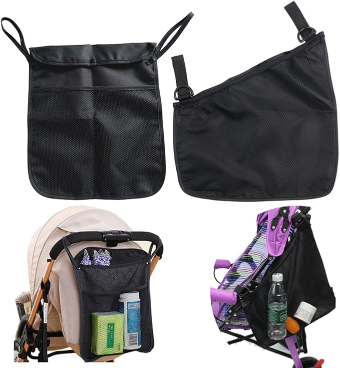 2PCS Pack Baby Stroller Organizer,The Side One for Toys and Snacks,The Back One For Mommy to Keep Keys, Phone, Snacks, Bottles,Nappy Diaper Storage, Detachable,Fits for Umbrella Strollers (BLACK F)