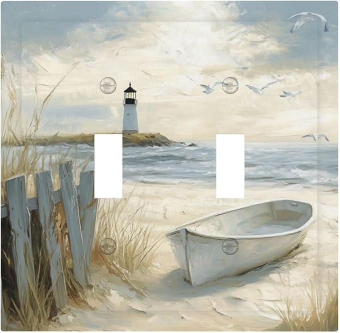 Sea Beach 2 Gang Light Switch Cover Old Ship Reed Lighthouse Seascape Double Toggle Wall Plate Decorative Electrical Switchplate Covers for Country Bedroom Kitchen Living Room Decor