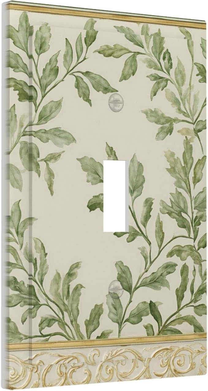 Soft Green Botanical Scroll 1-Gang Toggle Light Switch Plate, Regency Style Leafy Vine Design Decorative Wall Plate for Bedroom Living Room Decor