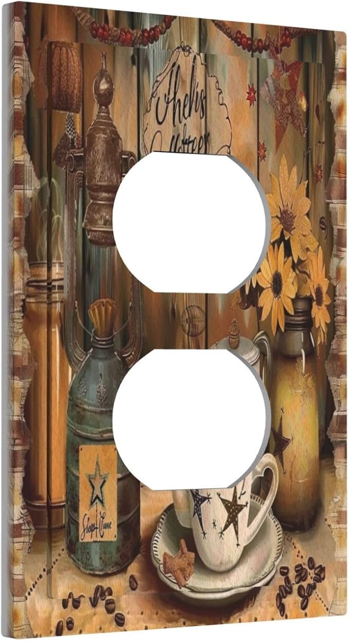 Decorative Outlet Covers Vintage Coffee Pot Star Farmhouse Wood Plank 1 Gang Wall Plate Receptacle Duplex Light Switch Cover Plate Single Dual Plug Covers Electrical Switchplate Faceplate