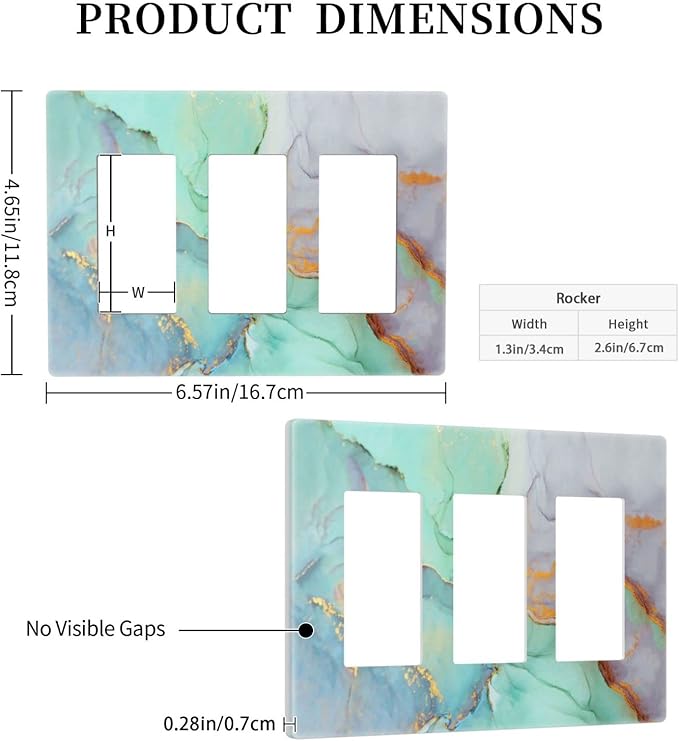 Teal Green Marble 3 Gang Triple Rocker/Decor Light Switch Wall Plate Cover Decorative Electrical Faceplate for Kids Living Room Bedroom Decor Screwless 6.57" x 4.65