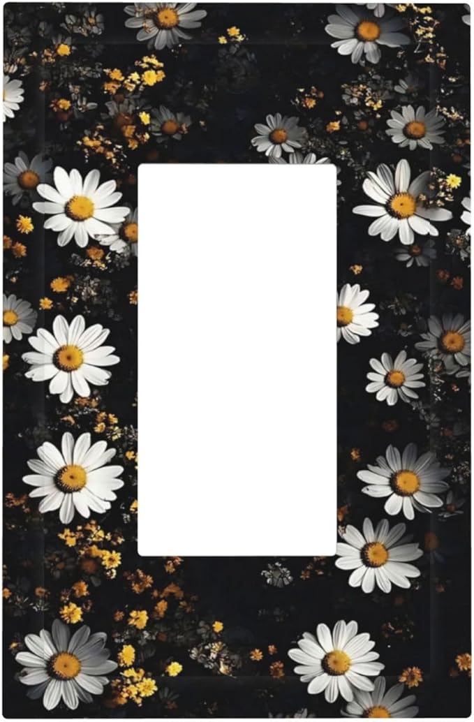 White Black Daisy Wildflower Modern Chrysanthemum Decorative Outlet Covers 1 Gang Single Rocker Light Switch Cover Plate Wall Plates GFCI Faceplate for Bedroom Farmhouse Decor
