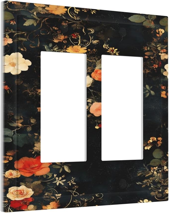 Vintage Orange Pink Black Roses Floral Flower Decorative Outlet Covers 2 Gang Double GFCI Rocker Electrical Wall Panels Light Switch Cover Plate for Farmhouse Bedroom Decor