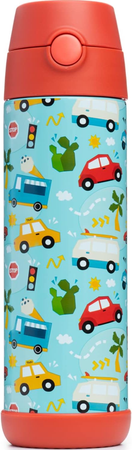 Snug Insulated Kids Water Bottle with Straw & Spout – Double-Wall Stainless Steel, Leakproof, Easy-Flip Lid – For School, Travel, Toddlers & Big Kids - Cars, 17oz