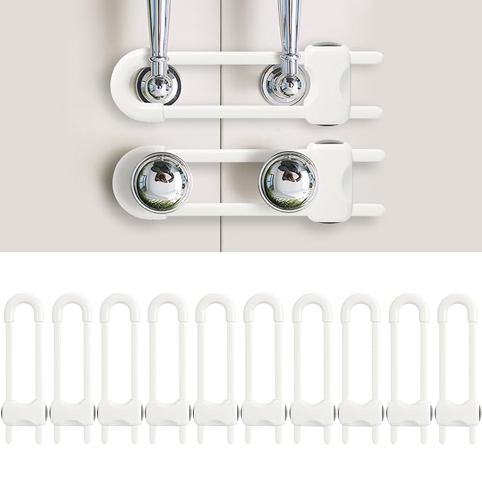 Baby Proofing Cabinets, Sliding Cabinet Locks for Babies, Adjustable U Shaped Baby Safety Locks, Childproof Cabinet Latch for Kitchen, Bathroom, Drawer, Cupboard Doors Knobs & Handles (10Pack White)
