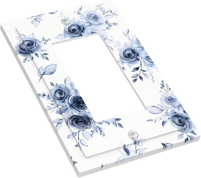 Watercolor Blue Roses Single Rocker Switch Cover - 1-Gang Standard US Size Serene Floral Light Switch Covers, French Country Vintage Bouquet for Farmhouse Homes
