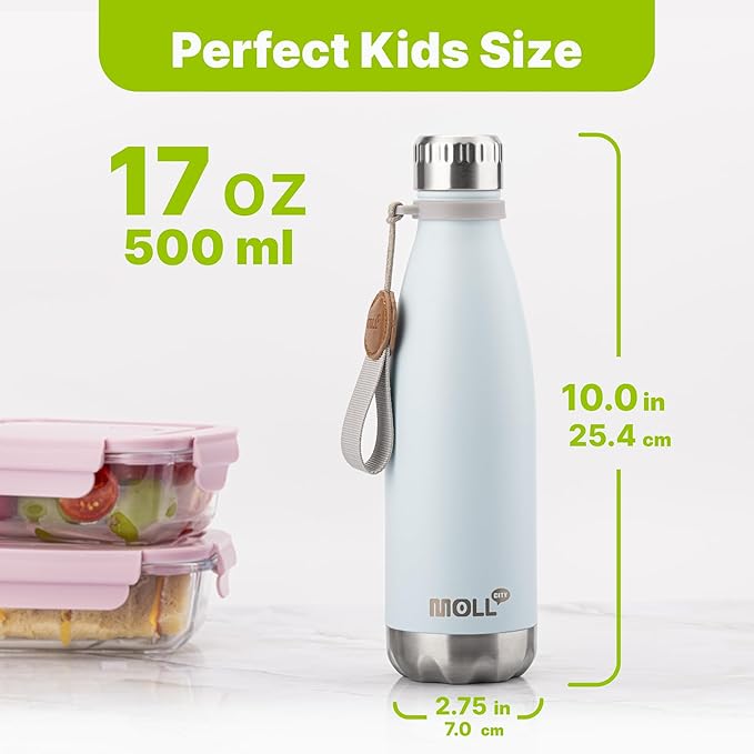 Insulated Water Bottle-17 oz Stainless Steel Double Walled Vacuum Water Bottles for School Cola Shape Leak Proof Sports Water Bottle BPA Free(Baby Blue)