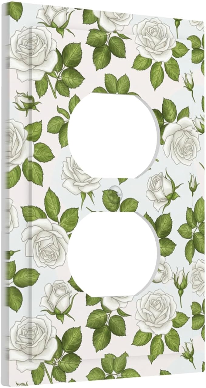 Elegant White Roses & Green Leaves Floral Duplex Wall Plate - 1-Gang Standard US Size Timeless Rose Garden Outlet Covers for Bathroom Bedroom Vanity Decor