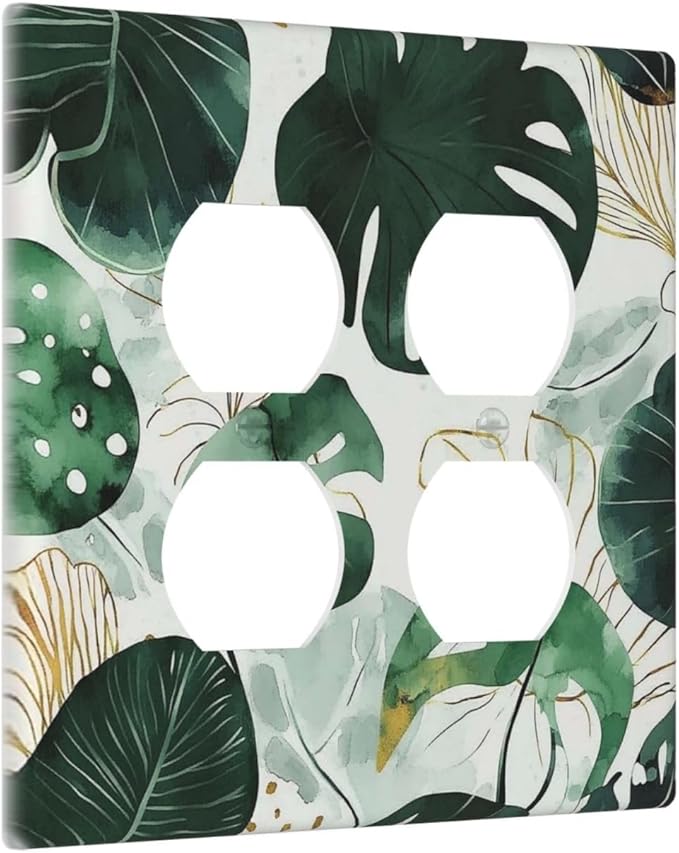 Boho Tropical Green Leaf Watercolor Banana Leaves Outlet Covers 2 Gang Double Duplex Decorative Light Switch Covers Electrical Wallplates Socket Faceplate For Bed Room Living Room Decor