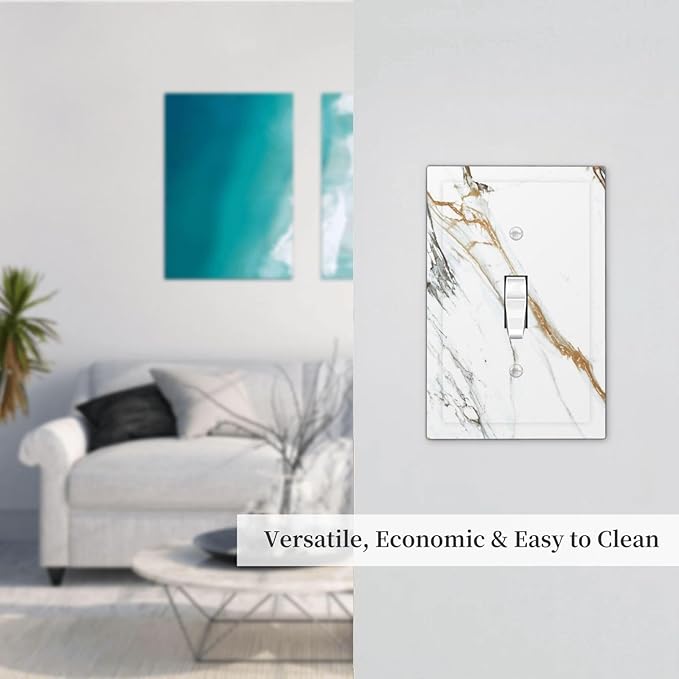 White Gold Marble Modern Abstract Luxury Print Decorative Light Switch Cover 1 Gang Single Toggle Device Electrical Faceplate Switchplates Decorator Outlet Wall Plate for Bathroom Kitchen Decor