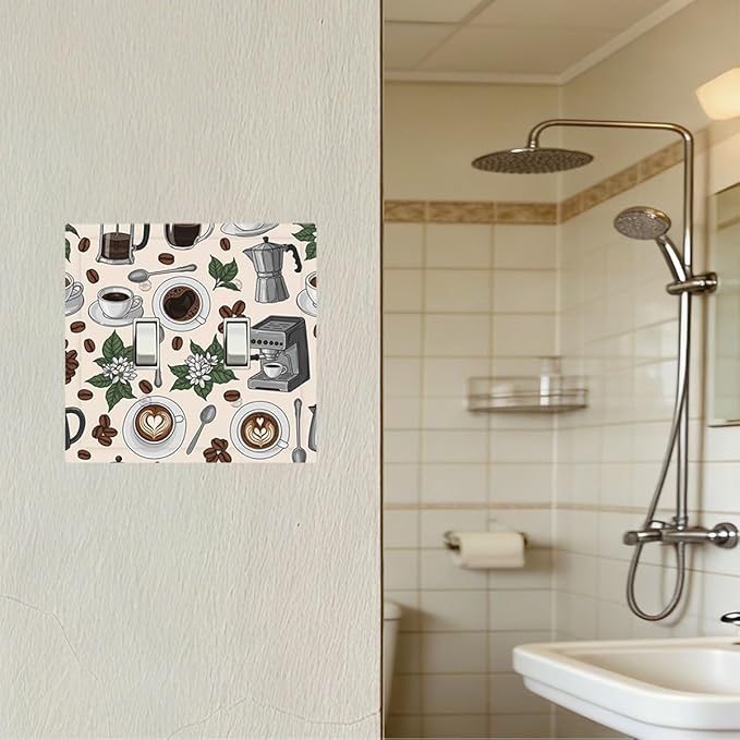 Whimsical Coffee Shop Double Toggle Switch Cover - 2-Gang Standard US Size Vintage Coffee Pattern Light Switch Covers, Café Culture Espresso for Dining Room Decor