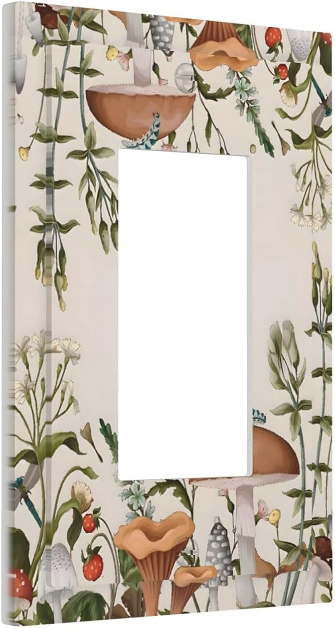 Boho Mushroom Forest Plants Wildflowers Insects Decorative Outlet Covers 1 Gang Single Rocker Light Switch Cover Plate Wall Plates GFCI Faceplate for Kids Room Home Decor