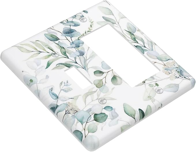 Watercolor Green Eucalyptus Saga Boho Leaves Decorative Single Toggle/Rocker Combo Light Switch Cover 2-Gang Electrical Wall Plate Botanical Double Combination Switch Decorator GFCI Receptacle Cover