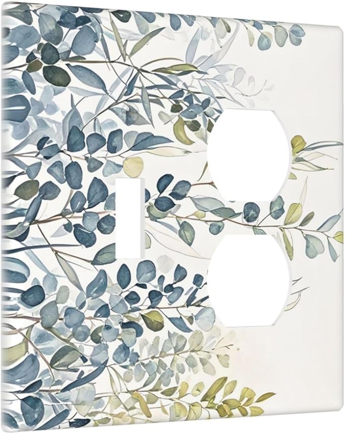Decorative Switch Cover Plate with Green & Blue Watercolor Eucalyptus Botanical Foliage Design Toggle Duplex Wall Plate 2 Gang Light Switch Cover Outlet Covers for Contemporary Living Room