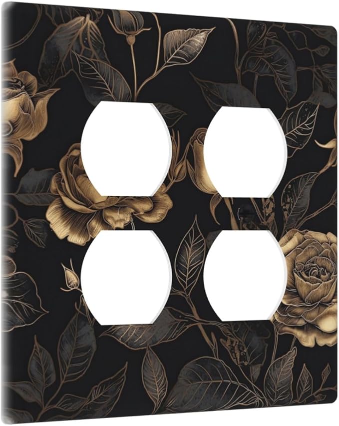 Black Floral Dark Vintage Gold Rose Flower Outlet Covers 2 Gang Double Duplex Decorative Light Switch Covers Electrical Wallplates Socket Faceplate for Bedroom Living Room Decor