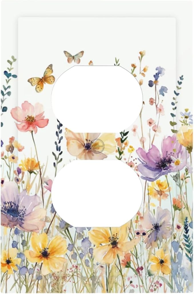 Wildflowers Colorful Flower Butterfly Floral Outlet Covers 1 Gang Duplex Light Switch Cover Decorative Switch Plates Electrical Receptacle Faceplate Wall Plate for Farmhouse Bedroom Decor