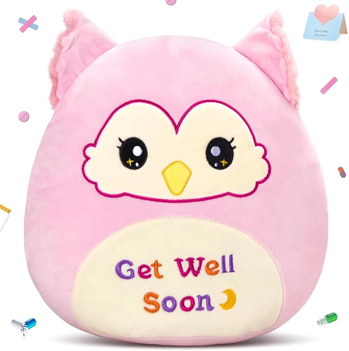 WEWILL Get Well Soon Owl Plush Pillow, 12 Inch, Soft Pink Owl Stuffed Animal for Comfort and Healing, Get Well Gift for Kids Girls