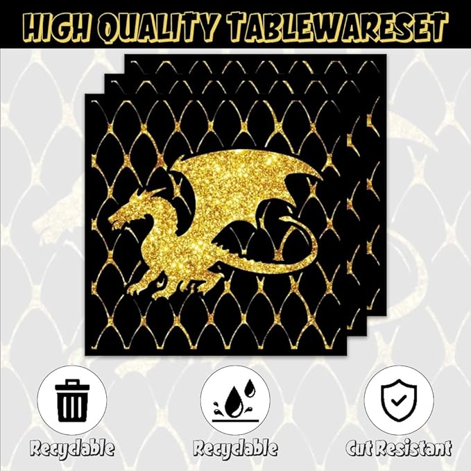40Pc Gold Black Dragon Party Plates and Napkins for 20 Guests - Tableware Black and Gold Dragon Supplies for Fantasy Baby Shower Birthday Party Decorations