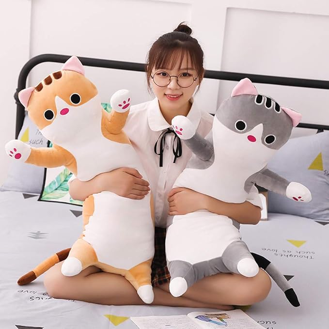 Long Cat Plush Pillow - Cute Kitten Stuffed Animal Body Hugging Toy for Kids, 19.68 Inch (Brown)