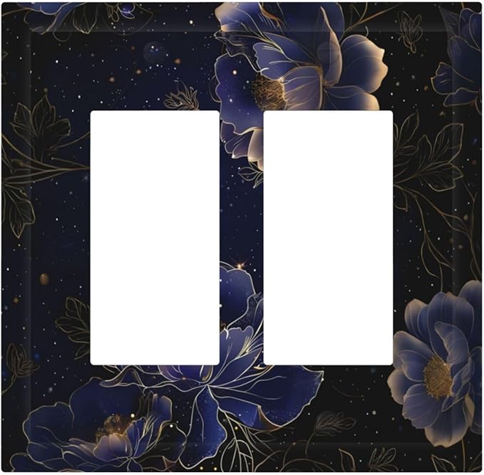 Navy Blue Floral Vintage Flower Dark Watercolor Decorative Outlet Covers 2 Gang Double GFCI Rocker Electrical Wall Panels Light Switch Cover Plate for Bedroom Living Room Decor
