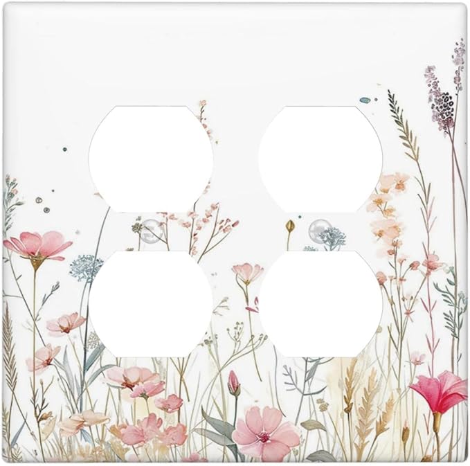 Watercolor Wildflower Pink Flower Plant Floral Outlet Covers 2 Gang Double Duplex Decorative Light Switch Covers Electrical Wallplates Socket Faceplate for Bedroom Living Room Decor