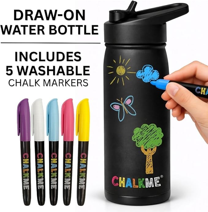 Kids Water Bottle 20oz Stainless Steel Vacuum Insulated with Washable Markers Included, Decorate Your Own Water Bottle, Dishwasher Safe, Easter Basket Stuffers for Boys & Girls