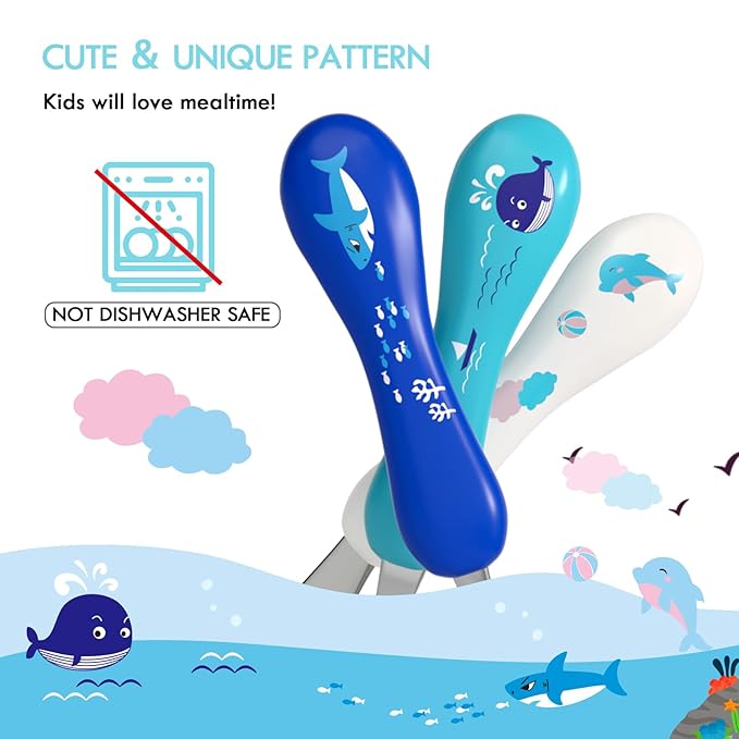 Lehoo Castle 6 Pieces Toddler Utensils, Kids Silverware for 2 3 4 Years Old, Stainless Steel Knife Fork and Spoon Set with Plastic Handle, Safe Toddler Cutlery (Blue)