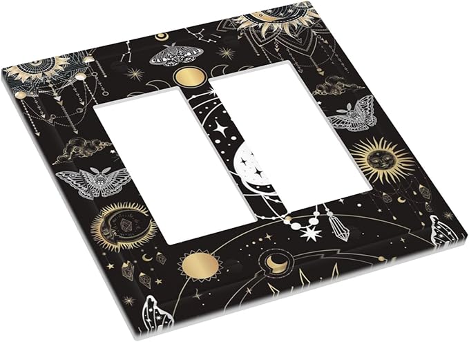 White Cat Tarot Moon Phases Moth Celestial Gothic Decorative Outlet Covers 2 Gang Double GFCI Rocker Electrical Wall Panels Light Switch Cover Plate for Kids Room Bedroom Decor