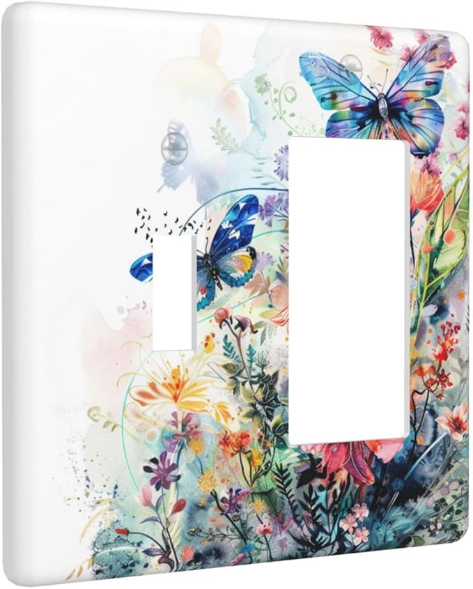 Light Switch Cover Plate Watercolor Colorful Floral Butterflies Wildflowers 2 Gang Combo Wall Plates Toggle Rocker Decorative Switch Plates and Outlet Covers for Bathroom Bedroom Decor