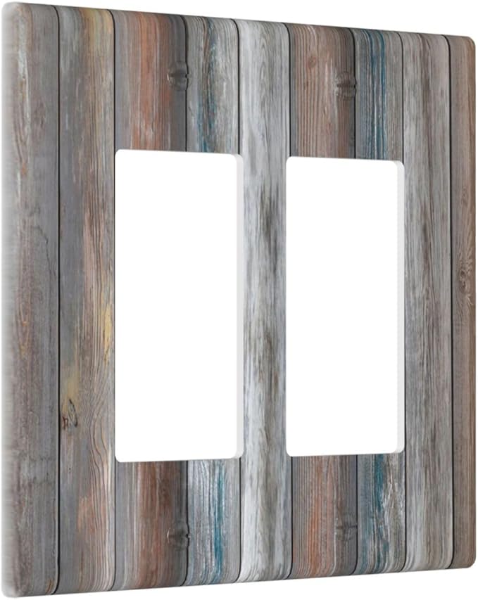 Outlet Covers Vintage Blue Grey Wood Plank 2 Gang Wall Plate Double Rocker Light Switch Cover Rustic Country Decorative GFCI Receptacle Cover Electrical Switchplate for Farmhouse Home Decor
