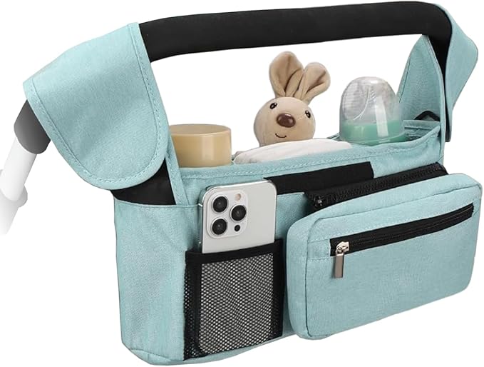 Stroller Organizer with Insulated Cup Holders - Universal Blue Baby Stroller Bag Caddy with Detachable Phone Pocket, Diaper Storage, Adjustable Straps for Uppababy, Doona, Baby Jogger, Britax