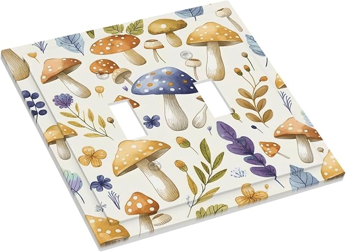 Boho Watercolor Mushroom Flowers Leaf Colorful Floral Decorative Switch Plates 2 Gang Double Toggle Outlet Light Switch Cover Wall Plate Electrical Faceplate for Kids Room Nursery Decor
