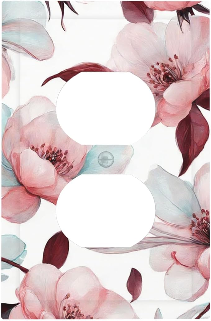 Watercolor Pink Cherry Blossom & Floral Burst Duplex Wall Plate - 1-Gang Standard US Size Romantic Floral Escape Outlet Covers for Bathroom Bedroom Vanity Decor