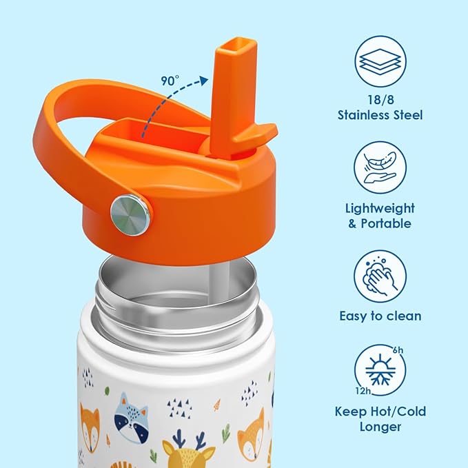 Kid Water Bottle 12oz with Straw Lid - 2-Pack Insulated Stainless Steel Water Bottles for Kids Girls - Travel Cup for Back to School Sports Christmas Birthday (Animals & Sea Animals)