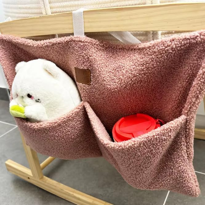 Adm&Eve Bedside Diaper Caddy - Teddy Material With 2 Compartments for Baby Carrier, Crib, Stroller & Changing Table, Hanging Storage Organizer (Dust PINK)