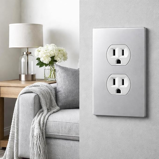 Bates- Screwless Duplex Wall Plate, Standard Size, 4.68" x 2.9", 6 Pack, Silver, 1-Gang Child Safe Receptacle Outlet Cover, Unbreakable Polycarbonate Thermoplastic