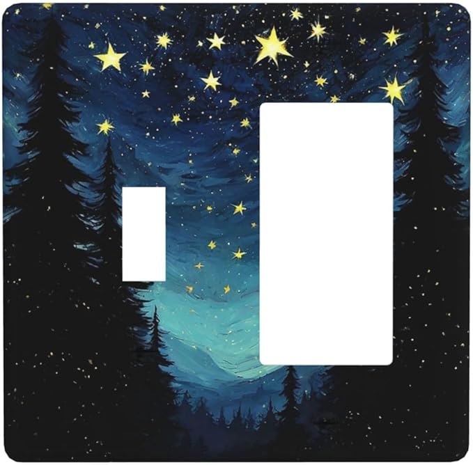 Outlet Covers Blue Starry Sky Forest Painted Star Pine Tree Oil Painting 1 Toggle 1 Rocker Combination Decorative Wall Plate Light Switch Cover Plate Electrical Switch Plates for Bedroom