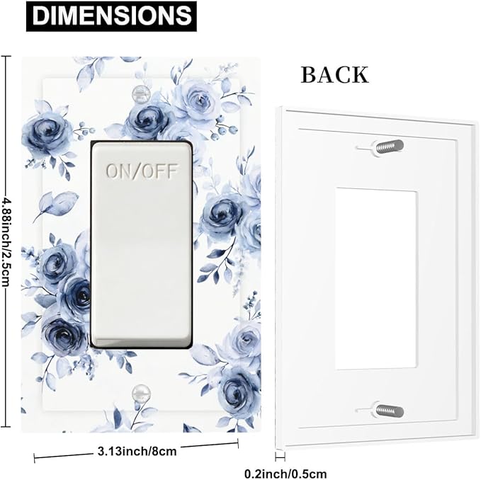 Watercolor Blue Roses Single Rocker Switch Cover - 1-Gang Standard US Size Serene Floral Light Switch Covers, French Country Vintage Bouquet for Farmhouse Homes