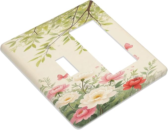 Outlet Covers Garden Flowers Green Leaves And Butterflies 1 Toggle 1 Rocker Combination Decorative Wall Plate Light Switch Cover Plate Electrical Switch Plates for Bedroom Cabin Decor