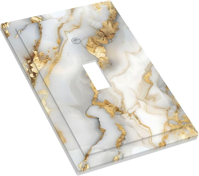 Luxurious White Gold Marble Patterns Abstract Decorative Light Switch Cover 1 Gang Single Toggle Device Electrical Faceplate Switchplates Decorator Outlet Wall Plate for Bathroom Kitchen Decor