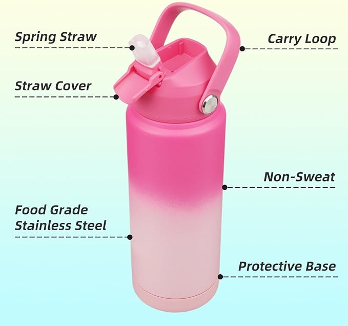 Konokyo Insulated Water Bottle with Straw Lid,24 oz Stainless Steel Vacuum Metal Bottle with Silicone Handle,Cherry Blossom