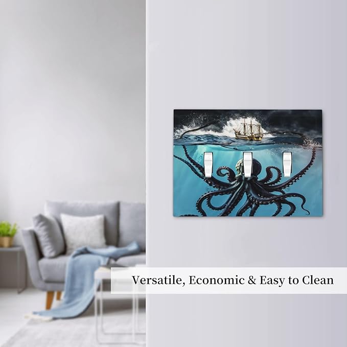 Light Switch Cover Plate Black Ocean Nautical Octopus Ship Funny Kraken 3 Gang Switch Plate Covers Triple Toggle Decorative Wall Plates Electrical Faceplate for Bathroom Home Decor