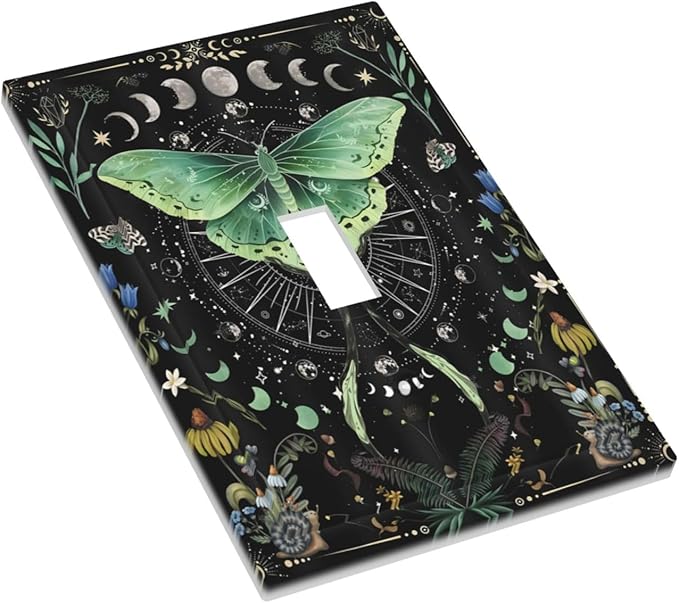 Moon Phase Butterfly Wildflower Plant Mysterious Night Moonlit Decorative Light Switch Cover 1 Gang Single Toggle Device Electrical Faceplate Switchplates Decorator Outlet Wall Plate for Bedroom