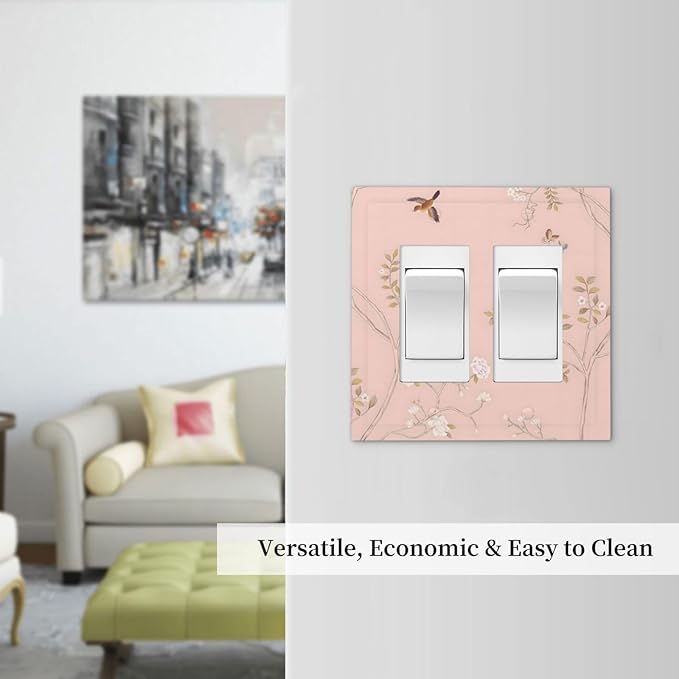 Pink Background Flowers Bird Butterflies Floral Decorative Outlet Covers 2 Gang Double GFCI Rocker Electrical Wall Panels Light Switch Cover Plate for Bedroom Living Room Decor
