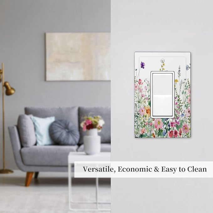 Decorative Outlet Covers Boho Colorful Flowers Plant Rustic Wildflower 1 Gang Single Rocker Light Switch Cover Plate Wall Plates GFCI Faceplate for Bed Room Bathroom Decor