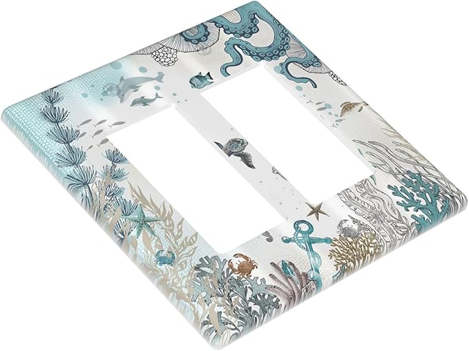 Sea Turtle Octopus Ocean Underwater Animal 2 Gang Rocker Decora Light Switch Covers Decorative Unique Dual Outlet Covers Wall Plate Electrical Faceplate Switchplate GFCI for Bedroom Bathroom Decor