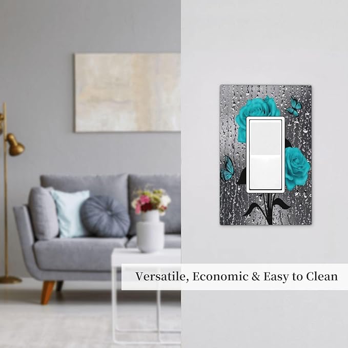 Romantic Aqua Teal Blue Raindrop Floral Rose Flower 1 Gang Single Decorator/Rocker Light Switch GFCI Wall Plate Women Lady Girl Lovely Electrical Device Receptacle Face Plug Outlet Cover for Dimmers